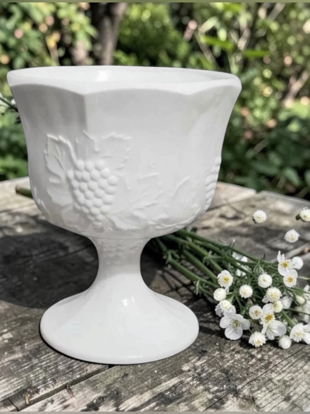 Vintage Indiana Colony Harvest Grape 6.5" Milk Glass White Pedestal Bowl